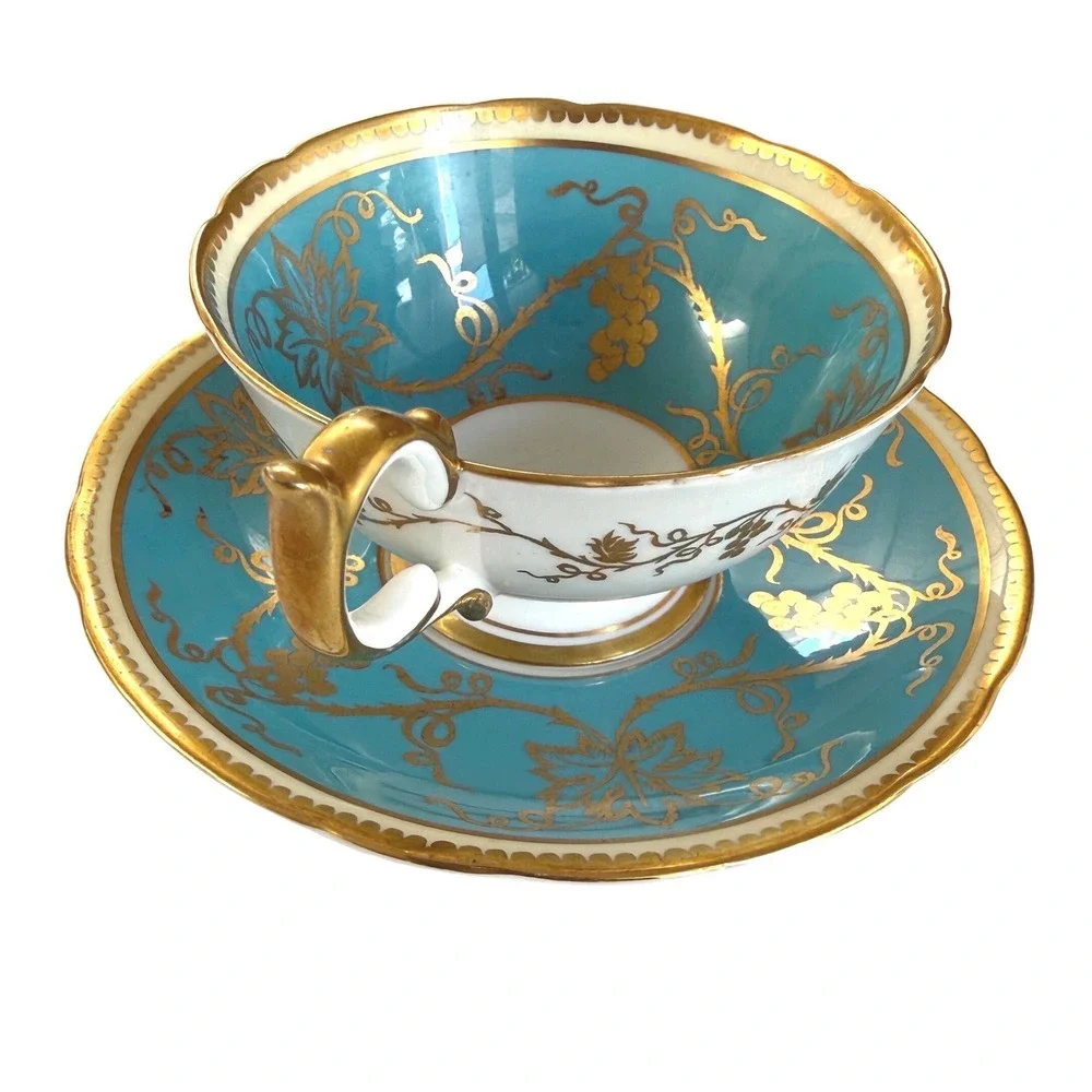 Vintage Aynsley England Bone China Teacup Saucer Turquoise Gold Gilt Grapevine